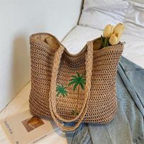 Yogodlns Summer Beach Straw Bag with Palm Tree Embroidery Large Woven Tote for Women Casual Shoulder Handbag for Vacation 44x13x31cm