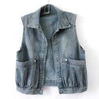 Retro Hong Kong Style Blue Denim Vest Women's Short Spring and Autumn Big Pocket Sleeveless Vest Waistcoat Jacket S šviesiai mėlyna spalva
