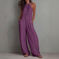 Womens Sleeveless Neck Wide Leg Loose Fit Jumpsuit with Pockets Casual Solid Pleated Long Pants Romper for Daily Wear XL