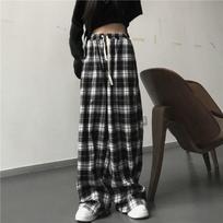 Women Plaid Losse Pants Elastic Waist Tartan Wide Leg Pants Casual Sweatpants XS
