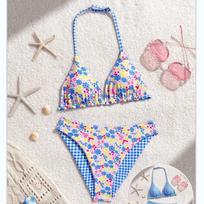 Girls Two Piece Swimsuit High Waist Bikini Set with Floral Print and Checkered Pattern Adjustable Halter Neck for Outdoor Swimming 160