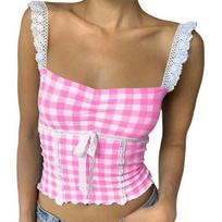 Plaid Print Tank Tops Lace Stitching Cami Crop Top Square Neck Sleeveless Sexy Short Tops Sling Vest Daily Wear S
