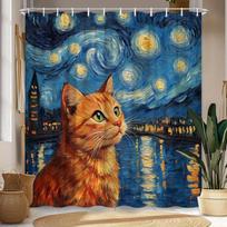 Van Gogh-Inspired Starry Night Cat Shower Curtain - Orange Tabby with Green Eyes Under Starry Sky, Cityscape Reflection (as the picture,48x72inch 120x180cm)