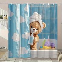 Teddy Bear Shower Curtain - Plush Bear & Towel Design, Blue Clouds, Polyester, 12 Hooks, 70.8x70.8 Inches, Washable (as the picture,W90XH180cm)