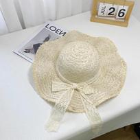 Wugu Wide Brim Ladies' Straw Hat with Lace Knot - Sun Protection for Beach and Travel in Spring/Summer.