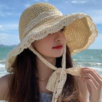 Japanese Style Lace Straw Wide-Brim Hat - Sun Protection, Summer Travel Essential One Size (56-58cm)