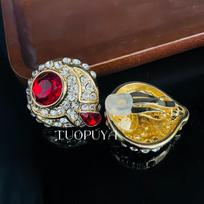 French Retro Ruby Cuban Link Necklace Set with Diamond-Paved Ear Clips