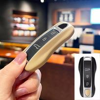 For Porsche Panamera Cayenne 92A Macan 95B 911 718 Taycan Boxster Cayman Beige Leather Car Keychain Case Shell Cover Accessories
