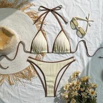 Women's Ribbed Contrast Trim Halter Triangle Bikini Set Pearl Detail High Cut Thong Sexy Minimalist Summer Beach Swimwear S