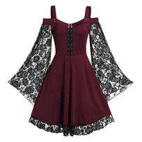 One-shoulder Flared Sleeve Lace Stitching Literary Retro Dress Women's Casual Skirt XS