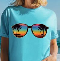 Sunset Palm Sunglasses T-Shirt | Tropical Beach Vibes Tee, Retro Summer Fashion XL