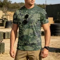 Men's Tactical Outdoor Quick-Dry T-Shirt with Velcro Patch Area Loose Fit Breathable Round Neck Camouflage Print L