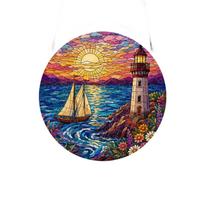 Acrylic Suncatcher Window Hanging Decor Floral Pattern Round Shape with Metal Chain for Indoor Window Decoration Home Ornament One Size