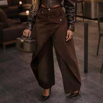 Women’s Fashion High Waist Loose Fit Retro Overlap Wide Leg Casual Long Denim Trousers with Effect XXL kava