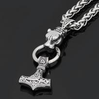 Viking Celtic Wolf Thor's Hammer Necklace - Stainless Steel Square King Chain Jewelry