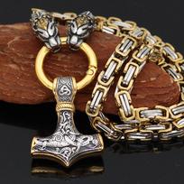 Men's Gold Viking Dragon Head Steel Thor's Hammer Necklace