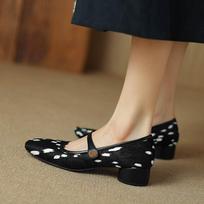 Krazing Pot Horsehair Natural Leather Square Toe Low Heels Summer Shoes Mary Janes Leopard Women Pumps 34 balta