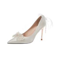 Balti atlasiniai stiletto aukštakulniai su cirkonio kaspinėliu vestuvėms ir banketams size 9.5, EU 39 balta
