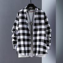 Men's Retro Hong Kong Style Loose Fit Plaid Long-Sleeve Shirt Medium