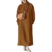 Drawstring Long Sleeve Side Split Hem Thickened Fleece Lining Sweatshirt Dress Autumn Winter M