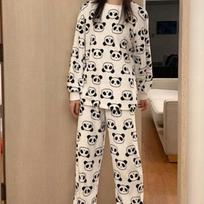 Fleece Soft Women Clothes Cute Panda Printing Pajamas for Women Round Neck Long Sleeve Autumn Women Two Piece Set L