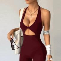 Women's Cross-Neck Backless Jumpsuit with Twisted Pleat, High-Waisted Hip-Lifting Design for Fitness Medium