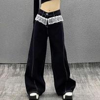 High-end Retro Heavy-duty Lace Jeans for Women in Spring and Summer Washed Splicing Loose and Versatile Wide-leg Floor Mopping Pants S juoda