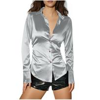 Women's Fashion Satin Single-Breasted Slim-Fit Color Collared Long-Sleeve Shirt Top L