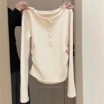 Korean Style Henley Collar Women's Slim Fit Long Sleeve Base Layer Top Small