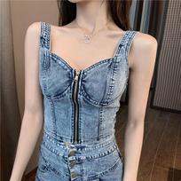 Hong Kong Style Denim Camisole Top & High-Waisted Skirt Two-Piece Set L