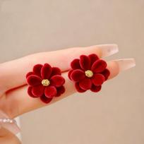 Retro red flocking flower stud earrings new high-end fashion French festive new year atmosphere earrings tide