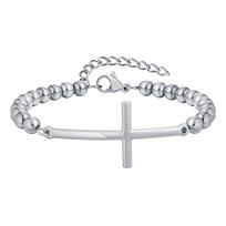 Vnox Simple Big Cross Bracelets with Glossy Stainless Steel Beads Bracelets, Adjustable Beaded Chain Men Religious Faith Jewlery