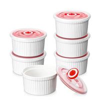 6pcs Baking Bowl 8 Oz Ramekin with Lid Porcelain Pudding Cup High Temperature Resistant White Dessert Cup Hotels