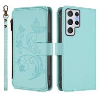For Samsung Galaxy S23 S22 S21 S20 Ultra S10 Plus Case, Flower Wallet Flip Case RFID Blocking, Zipper, Card Slots, Wrist Strap For Galaxy S10 mėtų žalios spalvos