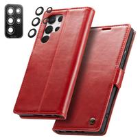 Retro Purse Leather Case for Samsung Galaxy S22 Ultra Luxury Magneti Card Holder Wallet Cover S22 Ultra Camera Lens Protector for S22 Ultra raudona