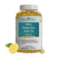 Neuherbs Mini Deep Sea Omega 3 Fish Oil Capsules Double Strength Lemon Flavour Vitamin E D3 Brain Joint Health 200 Softgels