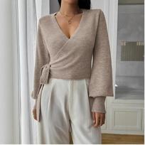 Women's V Neck Cross Front Belted Long Sleeve Knit Sweater Casual Pullover S