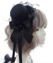 TaJiMy Mini Hat, Black, Gothic Lolita Hat, Top Hat, Toque Hat, Headpiece, Lolita Accessory Part, Hair Accessory, Cosplay, Rose