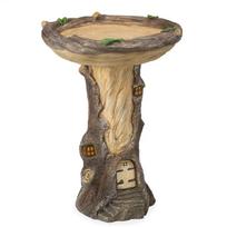 Full-Size Fairy Garden Birdbath Wood-Look Resin Landscape Accent For Home And Garden