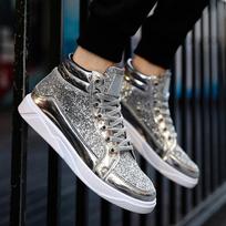 Gold Luxury Glitter High Top Sneakers Unisex Ankle Boots Streetwear Hip Hop Style Non Slip Casual Daily Walking Boots for Men and Women 42 sidabras