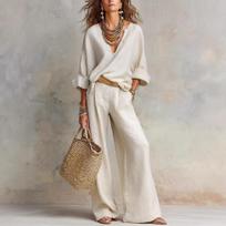 Women's V-Neck Long Sleeve Top and Wide Leg Pants Set In Beige S