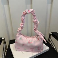 Lovely Flowers Print Shoulder Bags for Women Sweet Floral Ladies Underarm Bag Pleated Strap Female Handbags Small Clutch Purse rožinė