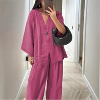 Women's Classic Solid Wide Leg Pants Suits Summer V-Neck One Button Loose Blouse Sets Casual Female Daily Streetwear XS