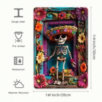 Planetjuice Vibrant Sugar Skull Tin Sign Mexican Day Of The Dead Wall Art Floral Sombrero Skeleton Decor Halloween Fiesta Gift (as the picture,20x30)