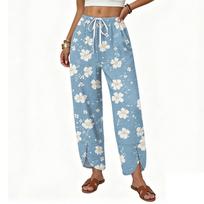 Women’s Casual Loose Straight Wide Leg Drawstring Printed Long Pants Lightweight Relaxed Fit Trousers for Daily Wear S