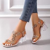Women PVC Crystal Flower Decoration Chunky Heel Sandals Back Strap Fashion Open Toe Party Daily Shoes for Ladies 35 auksas