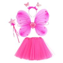 [WOFASHPURET] Fairy Costume for Girls, Butterfly 4-Piece Set, Fairy Wings, Costume for School Plays and Recitals, Rose Pink (Wings, Tutu Skirt, Wand,