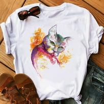 Vibrant Watercolor Cat Art Print T-Shirt Colorful Splash Painting Cat Portrait Tee Soft Casual Loose Top S