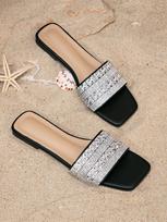 2026 Summer Rhinestone White Square Toe Women's Thong Flat Slippers for Indoor & Outdoor Use 39