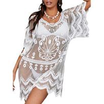Sexy Beach Bikini Cover-up V-neck Half Sleeve Embroidery Flower Pattern See-Through Mesh Cover-up Loose Fit Ultra-thin Swimwear Cover Up